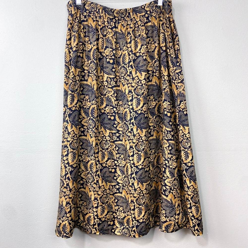 Vintage 90s The Villager Midi Skirt Size L Navy Gold Floral Paisley Cottagecore‎